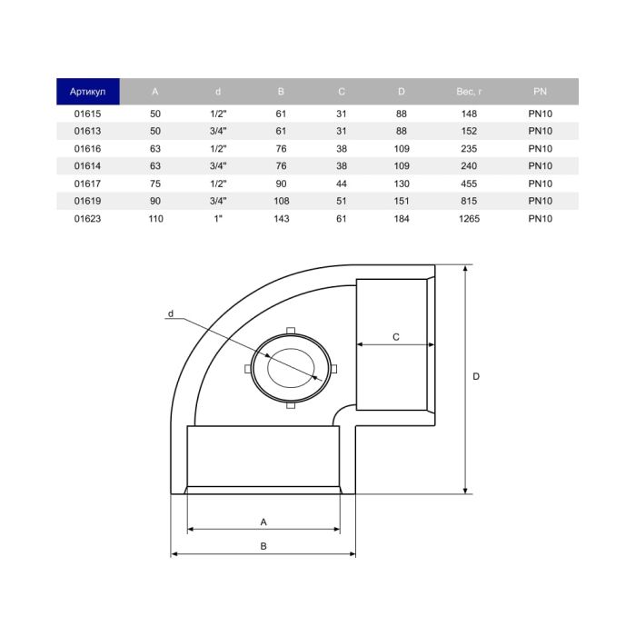 Колено ПВХ Hidroten "AIR L" 1001615, 90°, с метал. кольцом, d50-1/2"