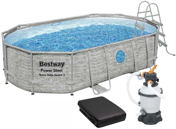 Каркасный бассейн Bestway 56946 (488х305х107 см) с песочным фильтром, лестницей и защитным тентом