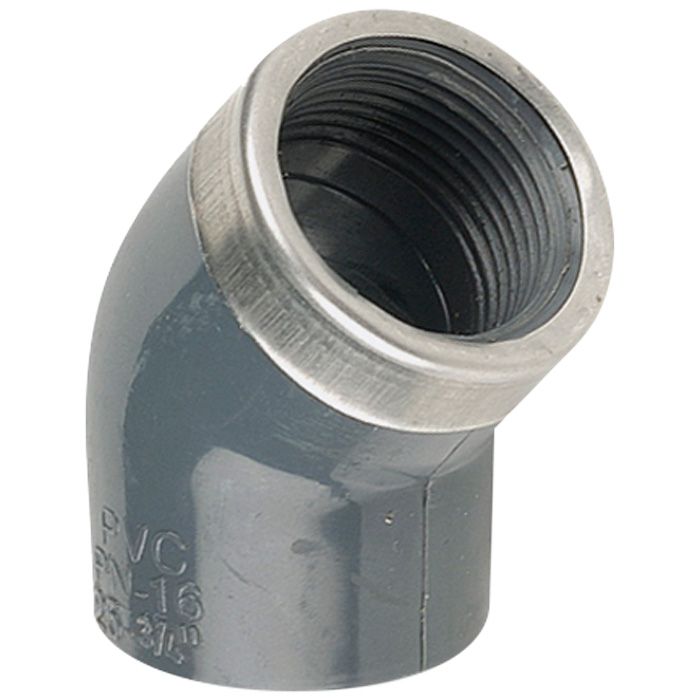 Колено переходное 45° ПВХ Hidroten 1002173, металлическое кольцо, d40 мм, 1 1/4"