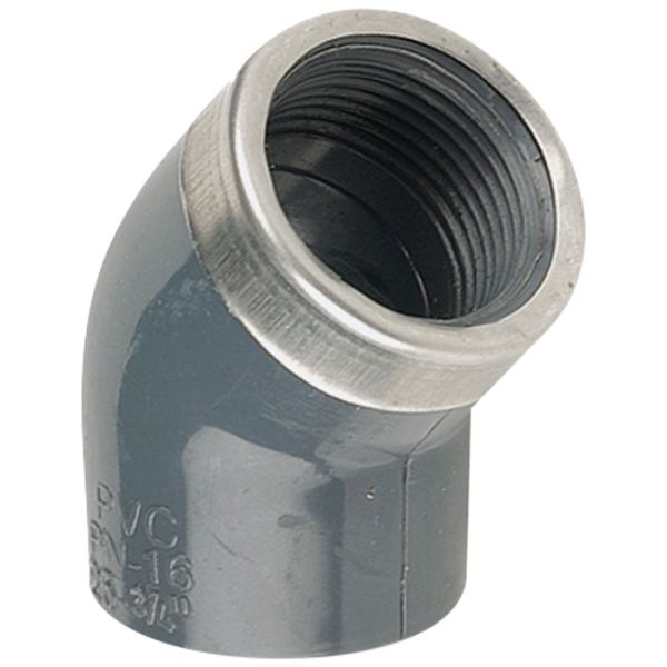 Колено переходное 45° ПВХ Hidroten 1002175, металлическое кольцо, d63 мм, 2"