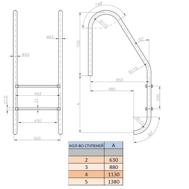 Лестница для бассейна Kripsol Standard IP 5.D (5 ступеней), AISI-316