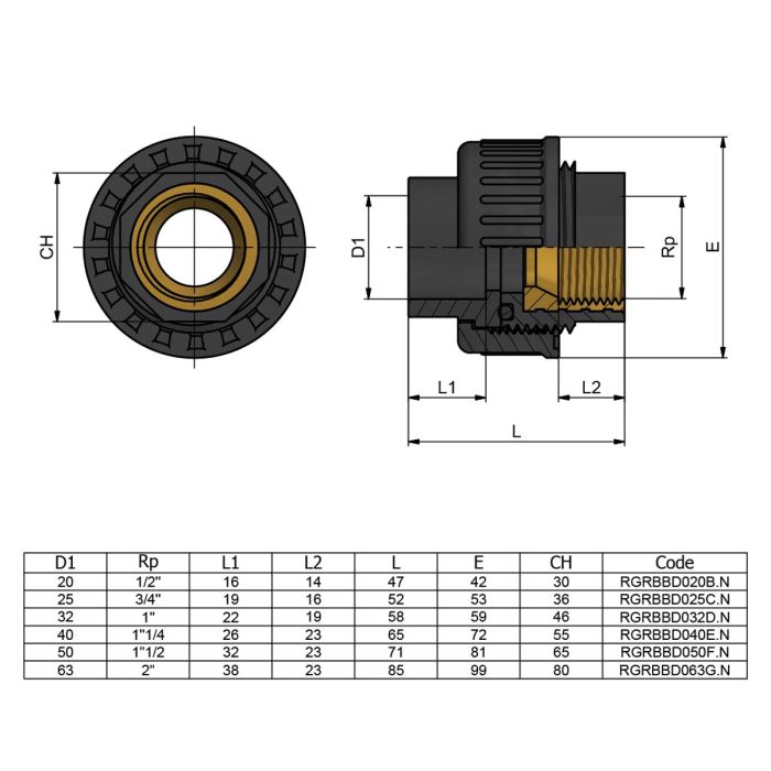 Муфта ПВХ Effast RGRBBD040E.N переходная, с внутренней резьбой d40x1-1/4"